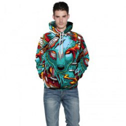 Men's Fashion 3D Wolf Print Casual Long Sleeve Hooded