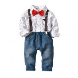 2Pcs Boys Gentleman Bowtie Plaid Shirt Overall Outfit Set