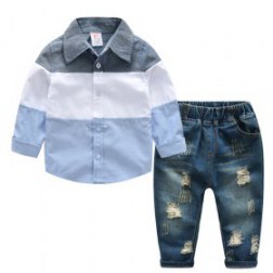 Boy's 2 Piece Long Sleeve Shirt and Denim Pants Jeans Set