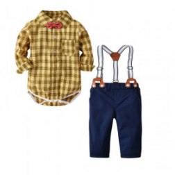 Boys Gentleman Bowtie Plaid Shirt and Blue Pants Sets