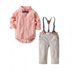 Boys Gentleman Bowtie Pink Shirt and Khaki Pants Sets