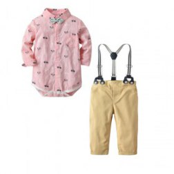 Boys Gentleman Bowtie Pink Printing Shirt and Khaki Pants Sets