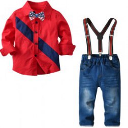4PC Boys Gentleman Bowtie Printing Shirt and Pants Sets