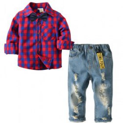 4PC Boys Red Lattices Shirt and Denim Pants Outfit Set