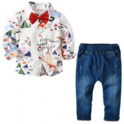 Boys 3 Piece Long Sleeve Printing Shirt and Denim Pants Set