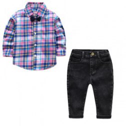 Boys Long Sleeve Lattices Shirt and Denim Pants Set