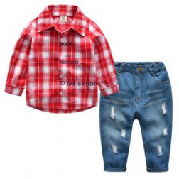 Boy's Casual Long Sleeves Lattices Shirts and Jeans Set