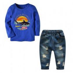 Boy's Long Sleeves Cartoon Printing Top and Jeans