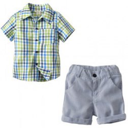 Little Boy's Short Sleeves Plaid Shirt and Shorts Set