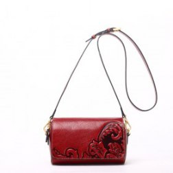 Genuine Leather Vintage Floral Embossed Messenger Shoulder Bag