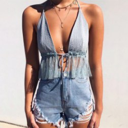 Women Sleeveless Crop Top Backless Vest Top V Neck Halter Short Bralette Bustier Mesh Ruffles Shirts