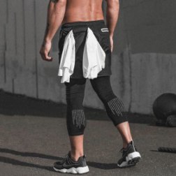 Men's 2 in 1 Capri Pants Workout Running Training Gym Shorts