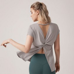 Backless Yoga Shirts Womens Sexy Open Back Workout Tops Solid Color Short Sleeve Quick Dry Sweatshirt