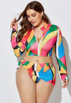 Women's Plus-Size Three-Piece Swimsuit High Waist Print Split Long Sleeve Swimwear