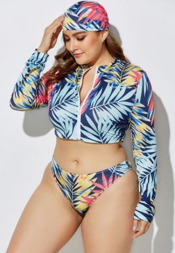 Front Zipper Print Three Pieces Tankinis