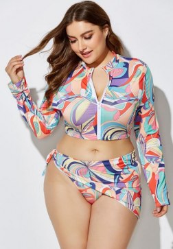 Front Zipper Print Three Pieces Tankinis