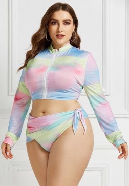 Front Zipper Print Three Pieces Tankinis