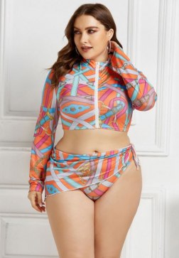 Front Zipper Print Three Pieces Tankinis