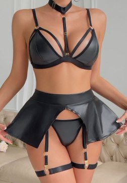 Bold Faux Leather Strappy Lingerie Set with Mini Skirt
