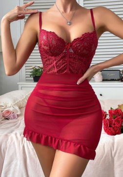 Alluring Red Lace & Mesh Chemise