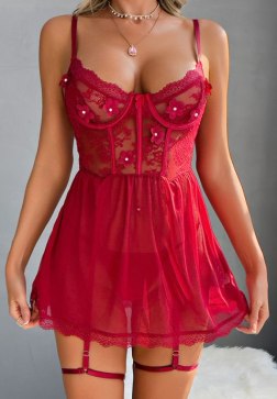 Alluring Red Floral Lace Chemise