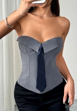 Stunning Grey Corset Top with Navy Tie
