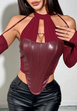 Edgy Faux Leather Bustier with Mesh Sleeves