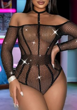 Glamorous Off-the-Shoulder Fishnet Bodysuit