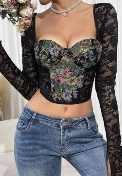 Sensual Sheer Lace Sleeve Bustier Top