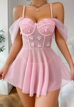 Romantic Pink Babydoll with 3D Floral Embellishment
