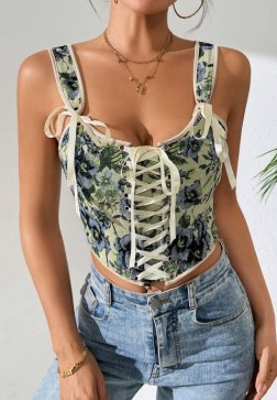 Bold Floral Corset with Lace-Up Charm