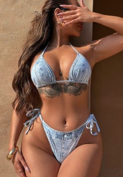 Fashionable Denim-Inspired Swimwear with Tie Details