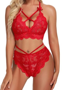 Bold Lace Bra and Panty Set with Crisscross Straps