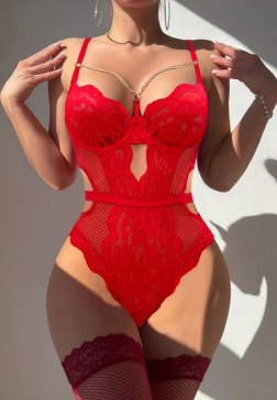 Red Deep V-Neck Lace Bodysuit