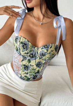Elegant Floral Bustier with Satin Bow Straps