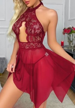 Bold Red Lace Halter Dress with Asymmetric Hem