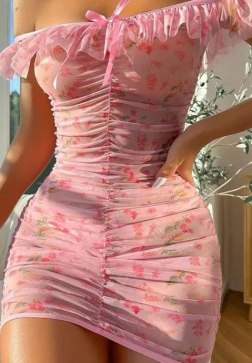 Romantic Pink Floral Mini Dress with Ruched Detailing