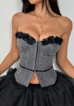 Glamorous Gray Corset with Floral Embellishments