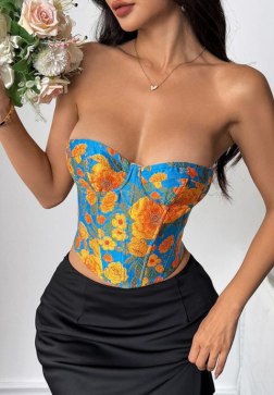 Vibrant Floral Bustier with Blue Base