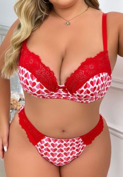 Romantic Heart Print Plus Size Lingerie Set