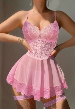 Charming Pink Lace Chemise with Flirty Skirt