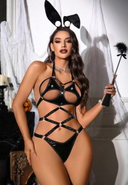 Black Bunny Costume with Cut-Out Bodysuit