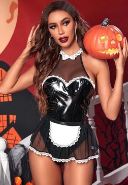 Sexy Halloween Maid Costume with Sheer Panels and Lace Trim