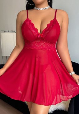Red Lace Nightdress with Deep V-Neck