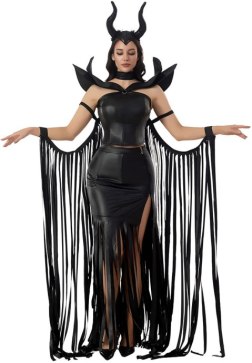 Black Fringe Cape Costume with Horns