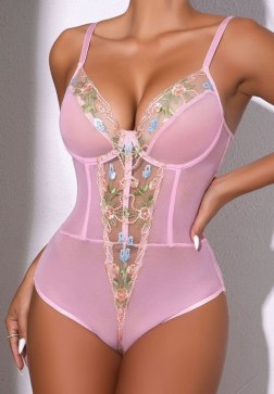 Pink Sheer Bodysuit with Floral Embroidery