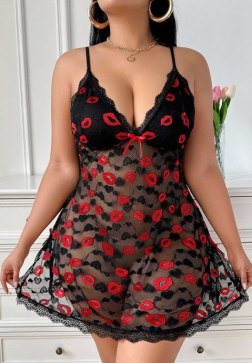 lack Mesh Lingerie Dress with Red Lip Print