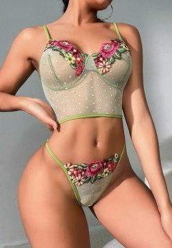 Lime Green Mesh Lingerie Set with Floral Embroidery