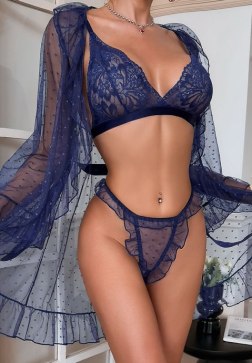 Navy Blue Lace Lingerie Set with Sheer Robe