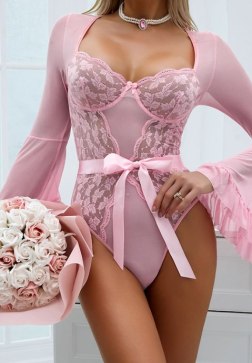 Pink Lace Bodysuit with Bell Sleeves and Ruffles